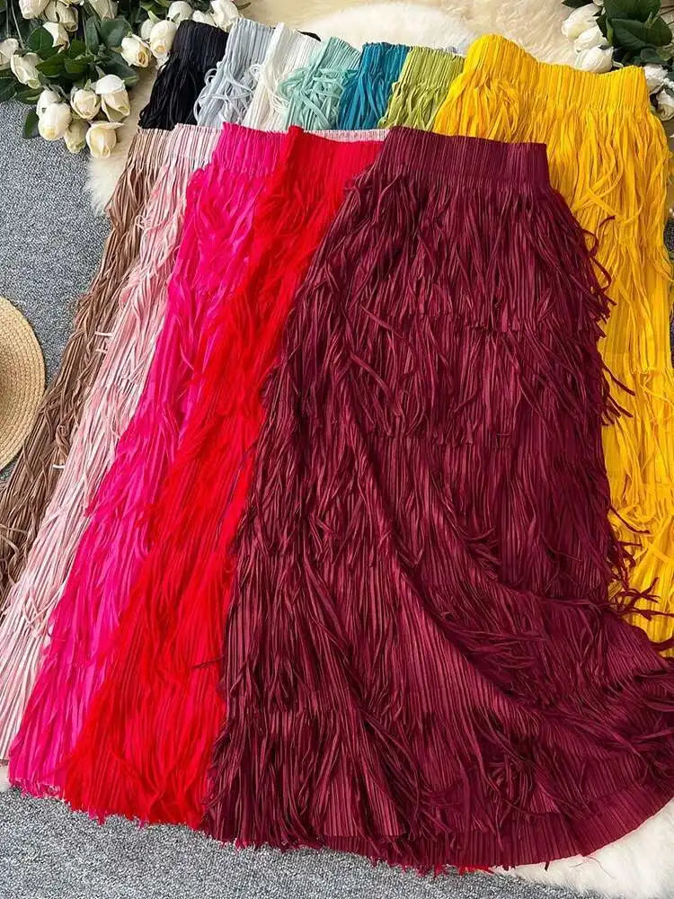 LANMREM Fringe Skirts Women Fashion 2025 Spring Summer New Elastic Waist Solid Color Casual Versatile Mid-length Skirt 2DE468