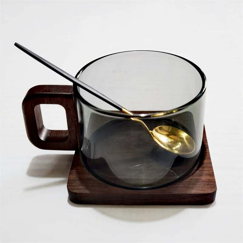 200ml Fresh Ground Latte Glass Coffee Mug With Wooden Tray Spoon Heat-resistant Breakfast Milk Tea Mug American Coffee Cup