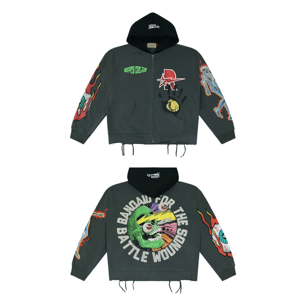 Y2K Streetwear Funny Graphic Zip up Hoodies with Rhinestones