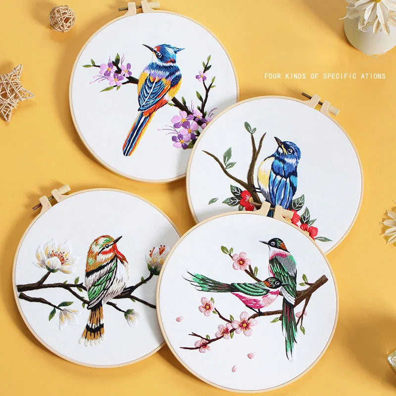 Bird Flower Chinese Wind Embroidery Kit with Instruction Needle Cloth with Pattern for DIY Craft Kit Home Decor