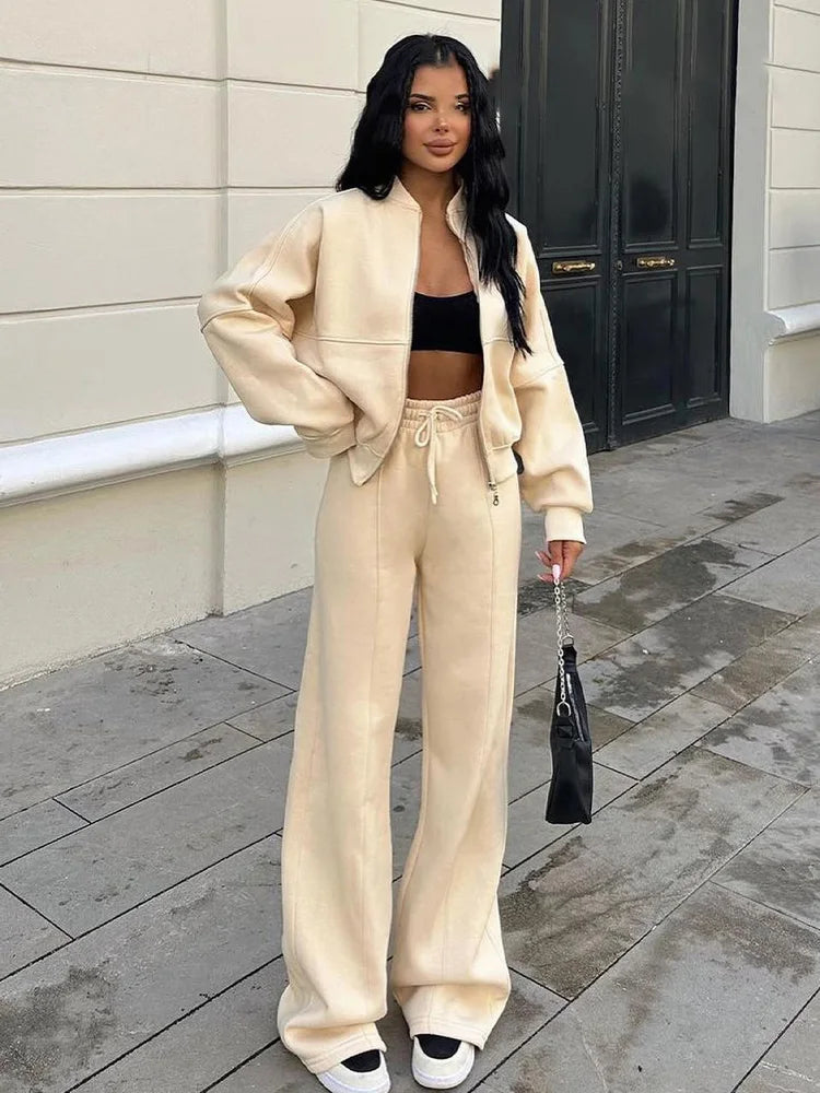 HH Women's Winter Warm Fleece Lined Zipper Jacket Sweatshirt Set Fashionable Stretch High Waist Women's Pants 2-piece Set