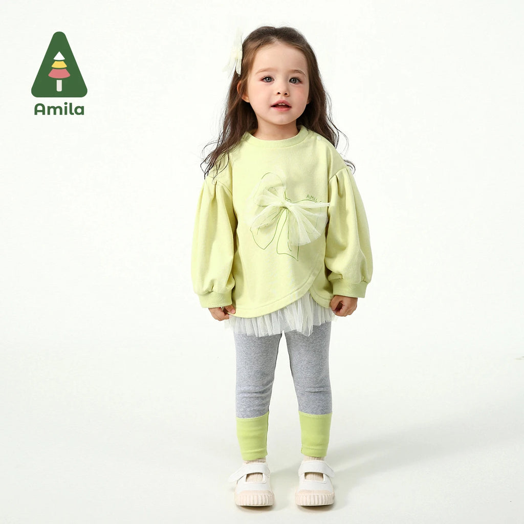 Amila Baby Set 2025 Spring New Solid Color Bow Solid Loose Sweatshirt Leggings Casual Soft Children's Two-Piece Set