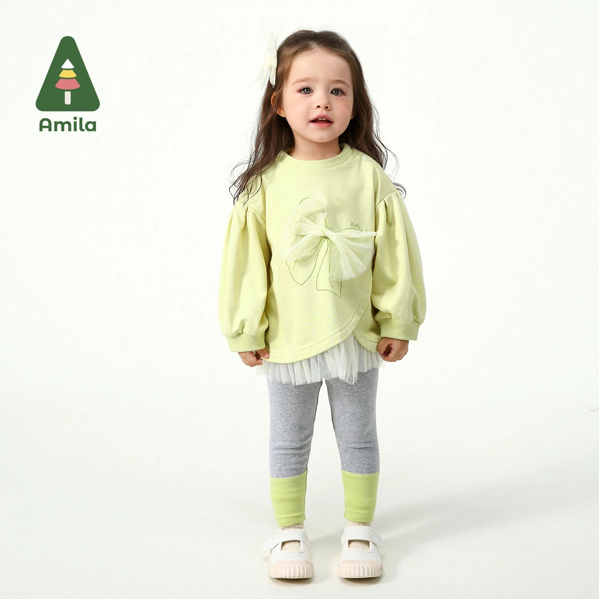 Amila Baby Set 2025 Spring New Solid Color Bow Solid Loose Sweatshirt Leggings Casual Soft Children's Two-Piece Set