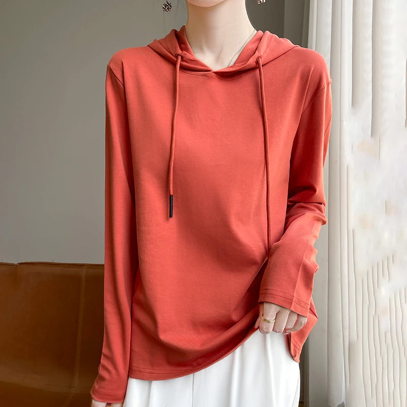 Spring Summer 100% Mercerized Cotton Hoodie Women Loose Straight Tops Simple Casual sweatshirt For Minimalist 2025