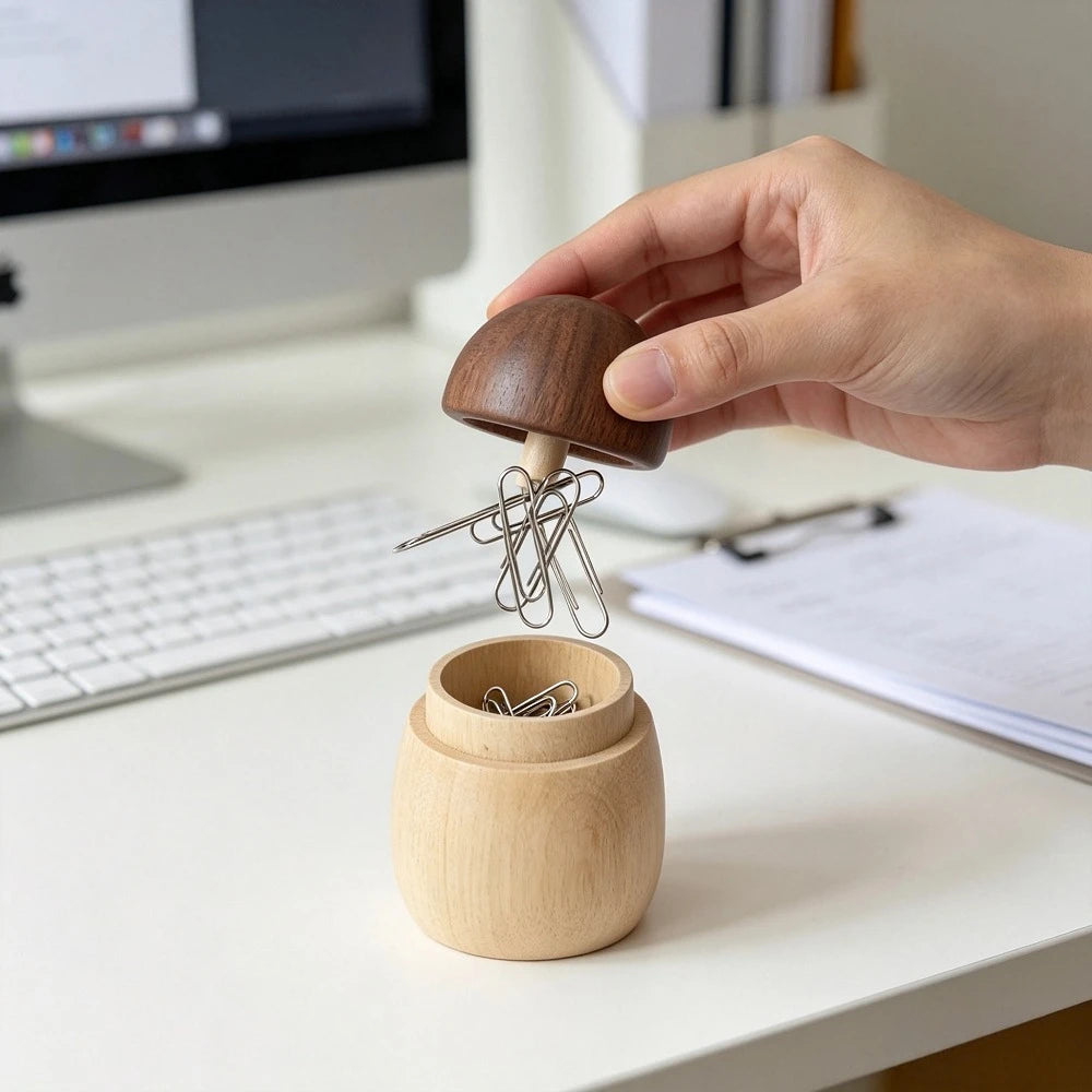 Cute Wooden Mushroom Paper Clip Holder Magnetic Office Desk