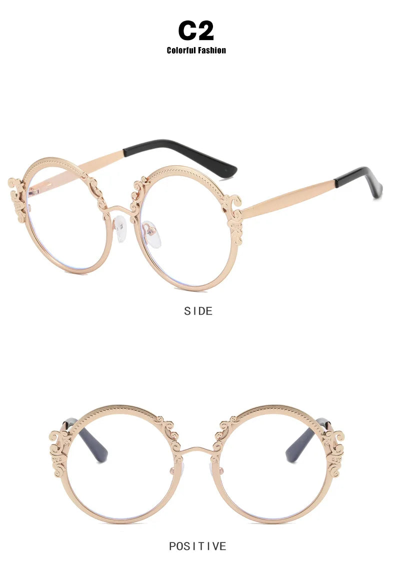 Gold Clear Carving Round Reading Glasses Women Unique Vintage Prescription Eyeglasses Metal Frame Blue Light Blocking Glasses