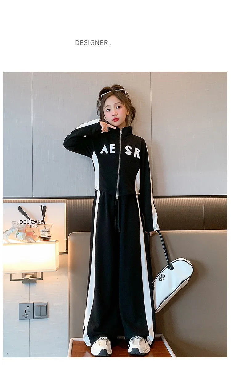 Girls Patchwork Alphabet 2-Way Zip Sweatshirt Jacket+Sweatpant Workout Set School Kids 2PCS Tracksuit Child Jogger Outfit 7-16Yr
