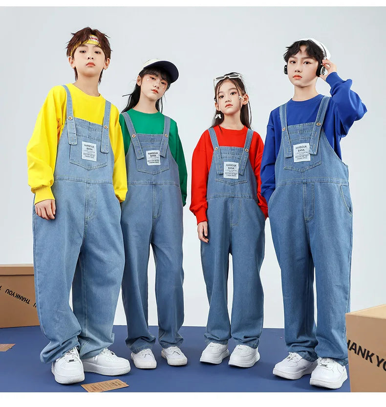 Boys Hip Hop Solid Sweatshirt Denim Loose Overalls Girls Crop Top Kids Dungaree Child Jumpsuit Street Dance Romper Streetwear