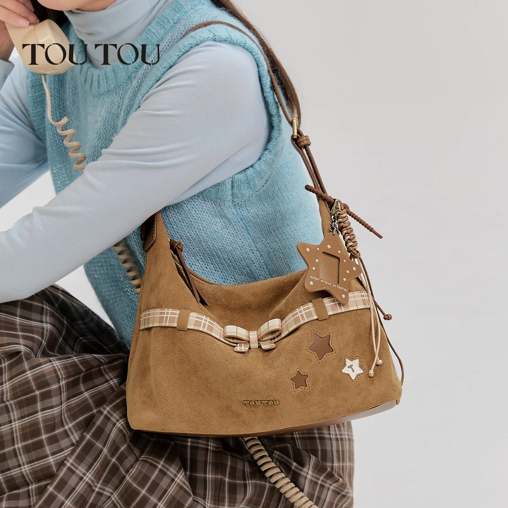 TOUTOU Y2K Bag Brown Plaid Bow Decoration + Cutout Star Pattern