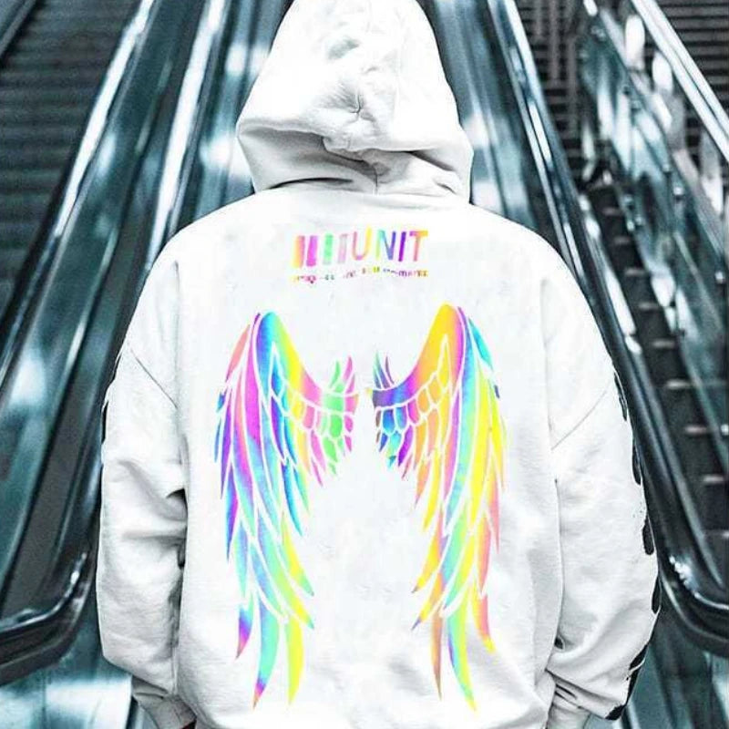 Reflective Male Hoodie Hip Hop Overfit New in No Brand Y2k Vintage Novelty and Simple 90s Tops Fleeced Men's Hooded Sweatshirt