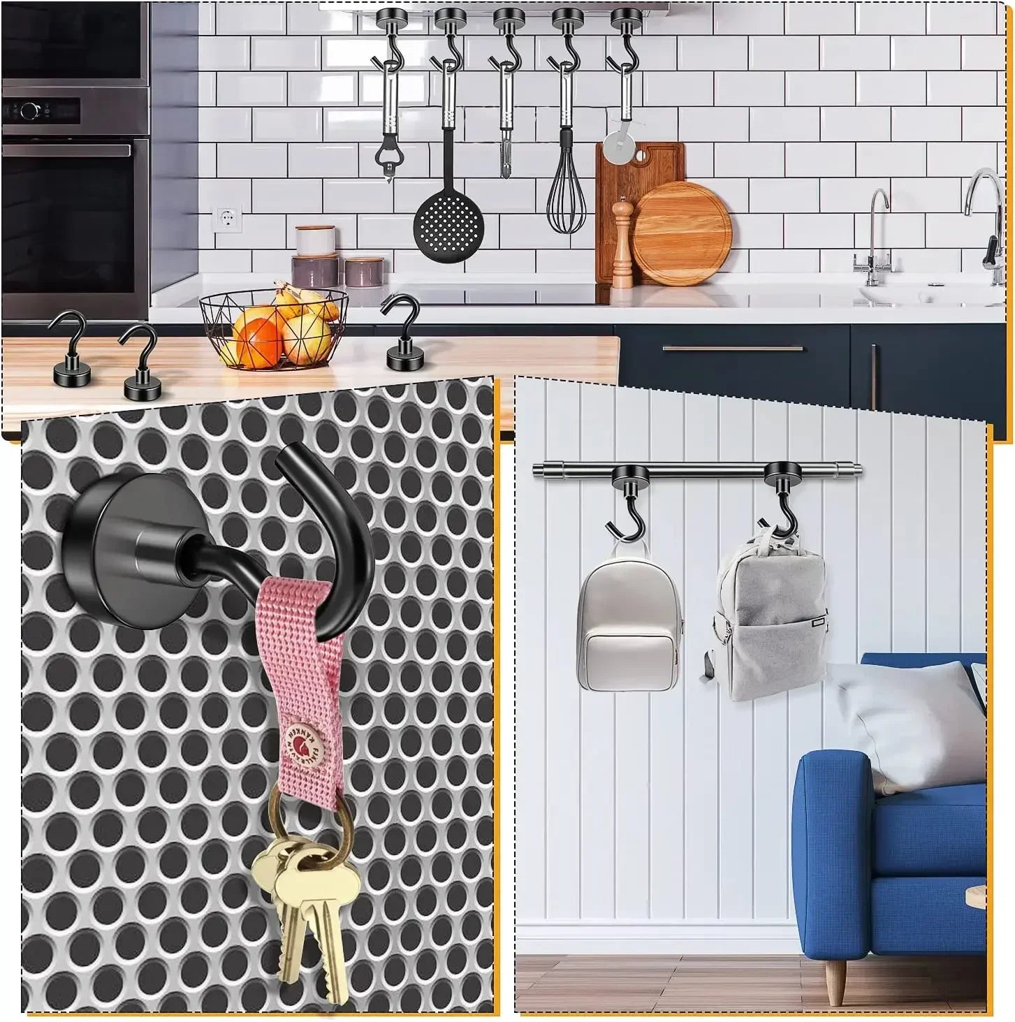 Strong Magnetic Hooks Multi-Purpose, Heavy Duty Epoxy Coating, Magnetic Cruise Black Hooks for Refrigerators