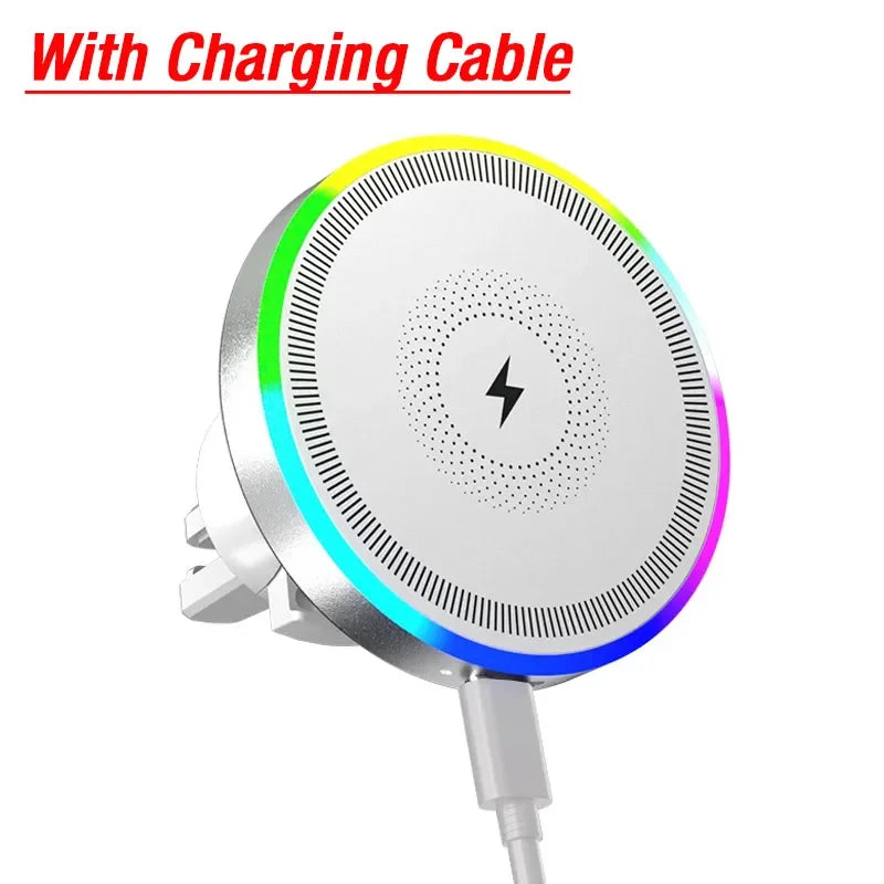 Car Magnetic Wireless Charger Air Vent Bracket Clip Phone Holder Stand RGB Light For iPhone 16 15 14 13 12 Pro Max Fast Charging
