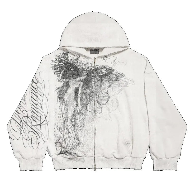 Y2k Obsessed Zip Up Hoodie Trendy Goddess Painting Couple Sweatshirt Harajuku Retro Hip Hop Streetwear Unisex Boxy Casual Hoodie