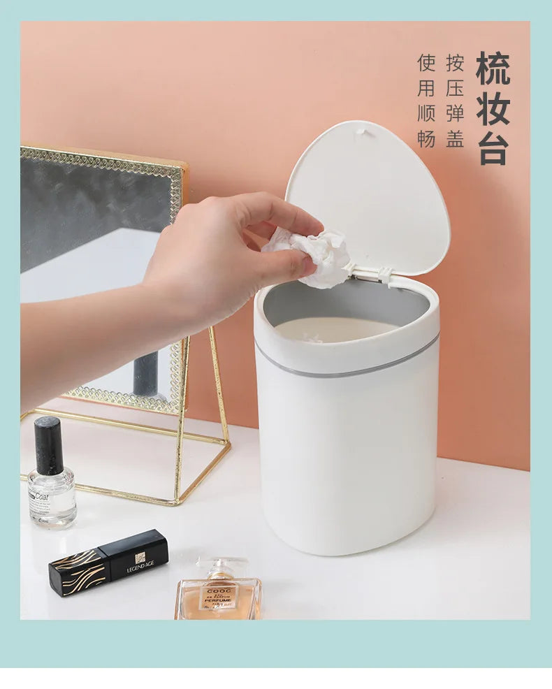 Small Trash Can with Lid Plastic Press Type Step On Wastebasket for Office Dorm Bedroom Bathroom Kitchen Car Desktop