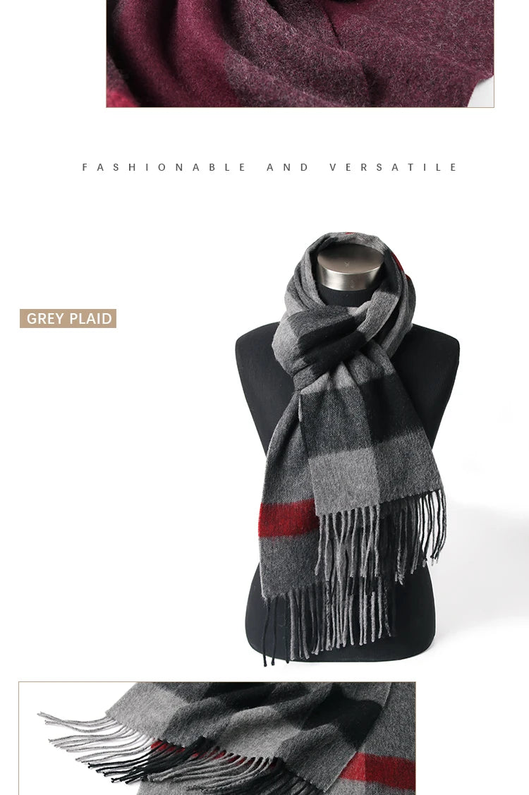 LONGMING 100% Merino Wool Knitted Shawl New Women Autumn Fashion Classic Plaid Solid Scarf Winter Warm Knottable Muffler for Man
