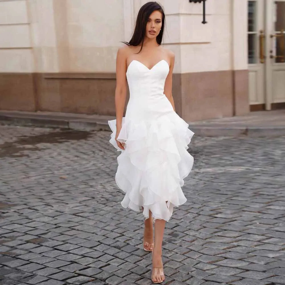 Simple Civil Wedding Dresses Chiffon A-line Wedding Party Dress White Sweetheart Ruffles 2025 Bride Gowns for Women Midi 2025
