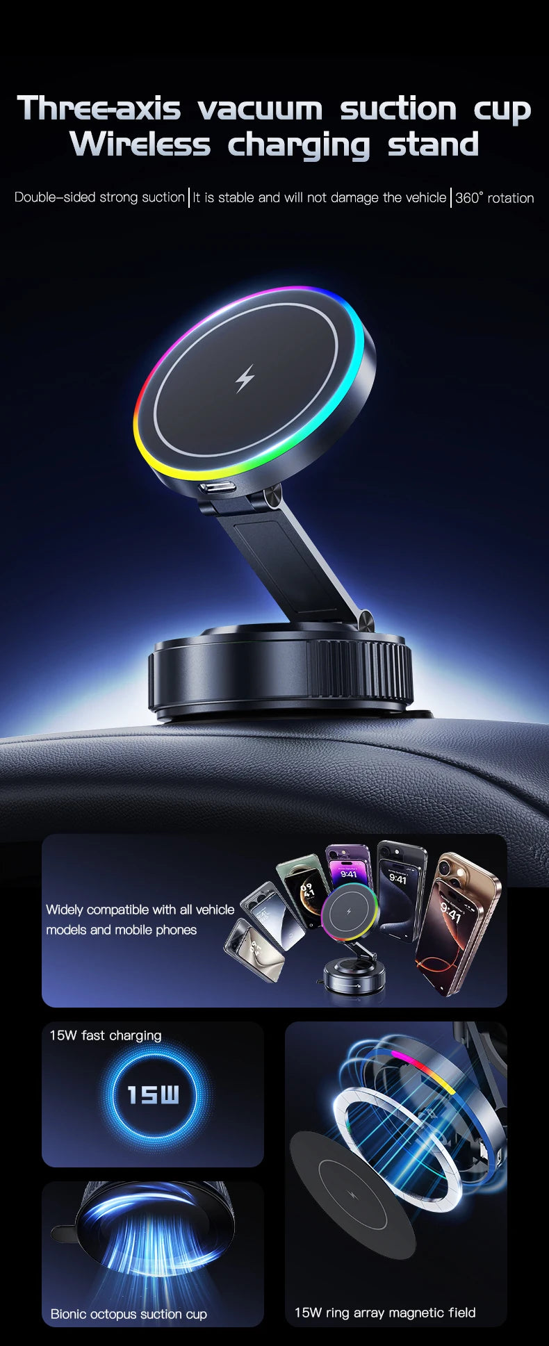 15W Car Magnetic Wireless Charger Vacuum Bracket Phone Holder for Magsafe iPhone 17~12 Pro Max Fast Charging Suction Cup Station