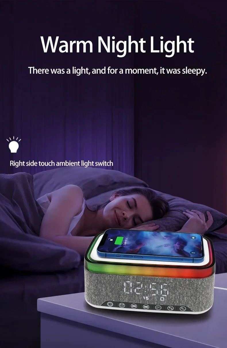 New Smart 6-in-1 Bluetooth Speaker 60W Wireless Charger Bedhead Night Light Alarm Clock LED Clock with FM Radio Music Cente