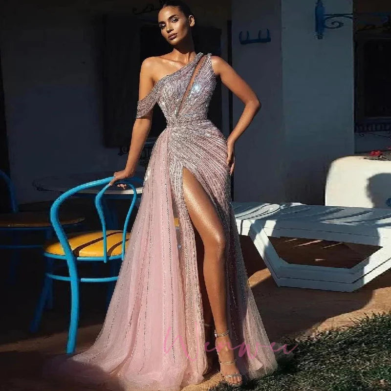 Pretty Wisher Customized Prom Dresses Elegant Mermaid One Shoulder Sequined Sleeveless Split Front A-Line robes de soirée