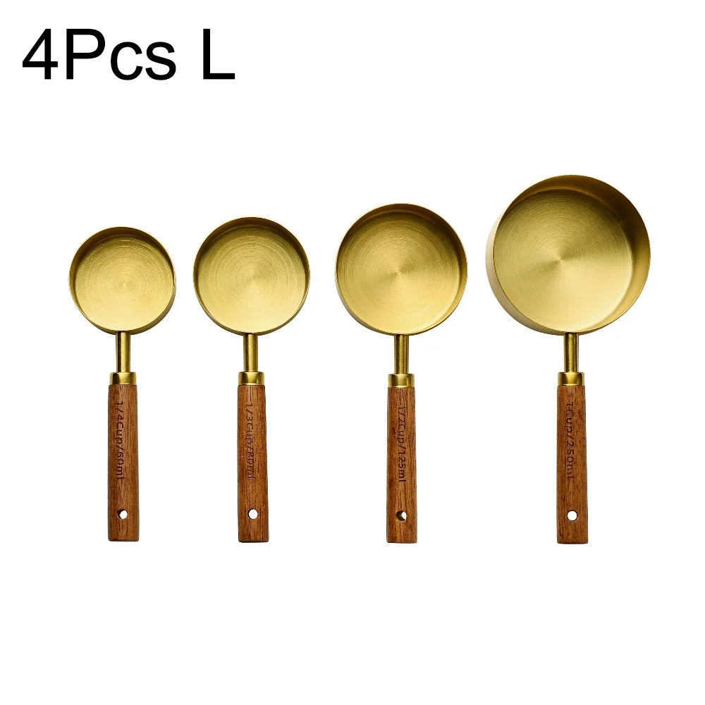 1/4Pcs Stainless Steel Measuring Cups and Spoons Set with Wooden Handles Multifunctional Baking Tool for Cooking and Baking