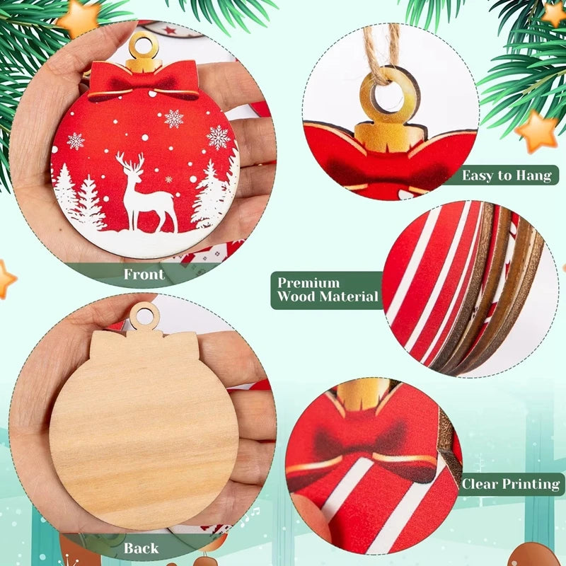 12Pcs Christmas Wooden Ball Ornaments Xmas Tree Hanging Pendant DIY Craft Merry Christmas Decoration For Home 2025 New Year Gift