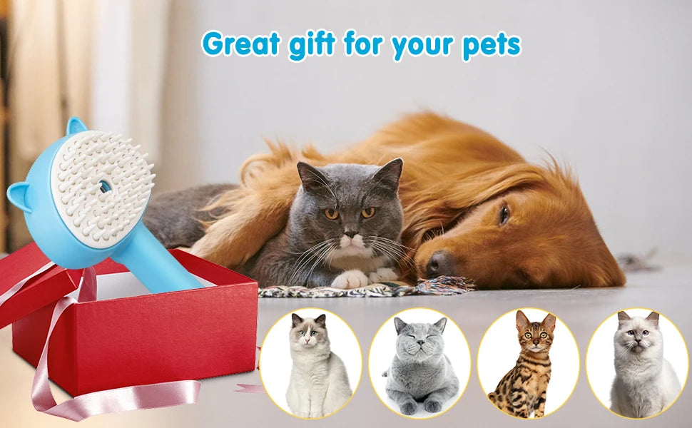 Cat Steam Brush 3 in 1 Pet Hair Grooming Tool Supply for Shedding With Soft Silicone Bristle Release Button for Short Hair Cats