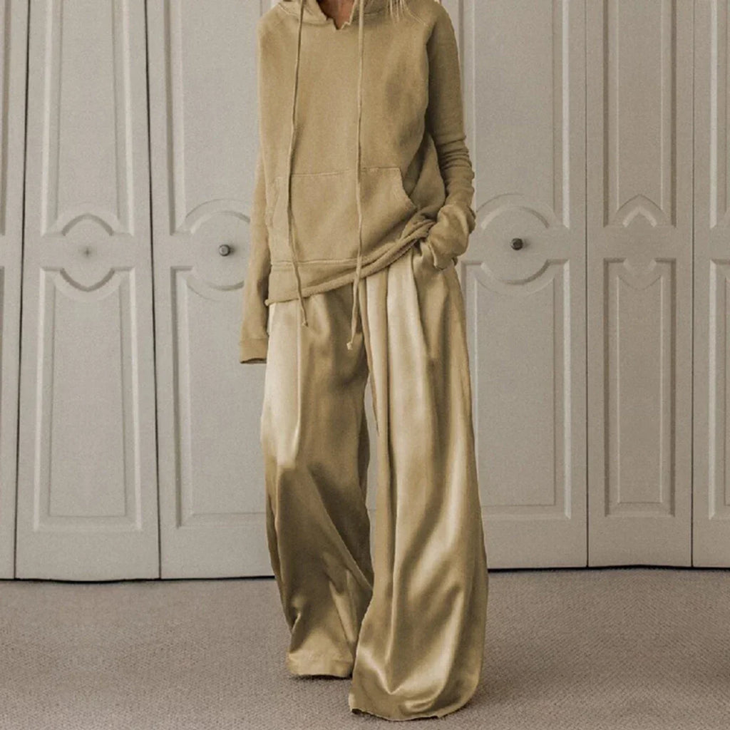 Freeacy 2026 Casual Two-piece Suit for Women Drawstring Hooded Sweatshirt and High Waist Wide Leg Pants Casual Pant Sets