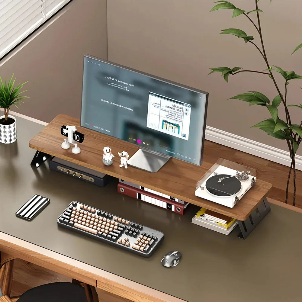 Computer monitor riser, dual-monitor desktop stand, ergonomic multi-purpose gaming desk organizer with an L-shaped wide base,