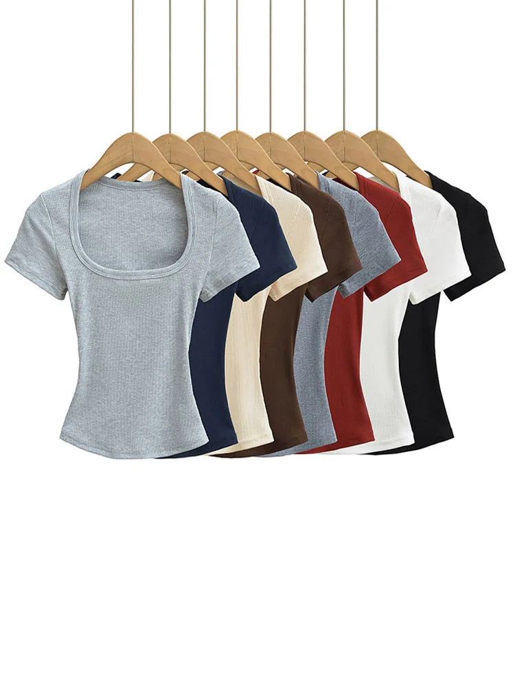 Square Collar High Stretch Summer Crop Tops Women Short