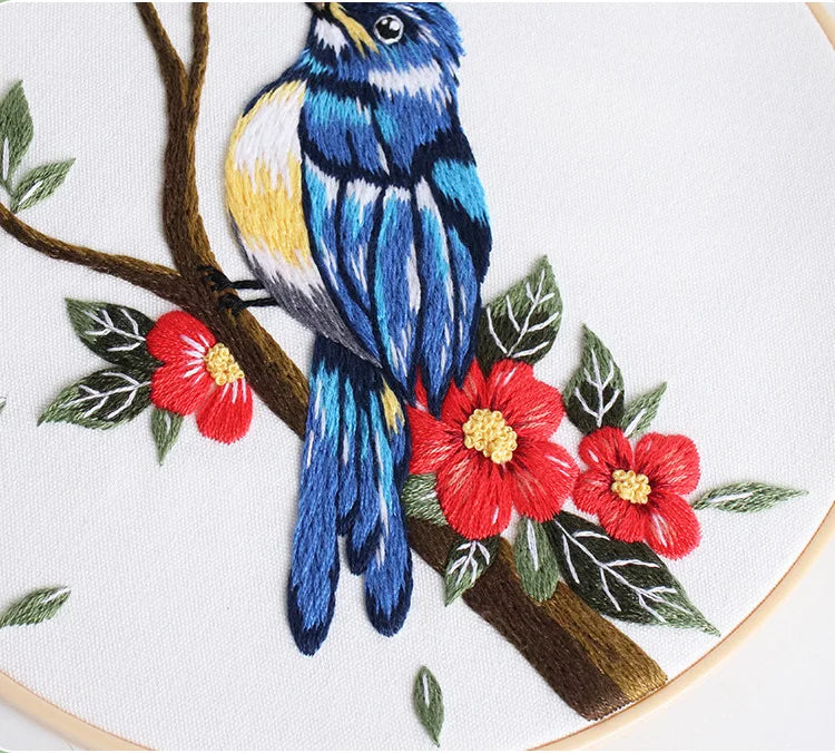 Bird Flower Chinese Wind Embroidery Kit with Instruction Needle Cloth with Pattern for DIY Craft Kit Home Decor
