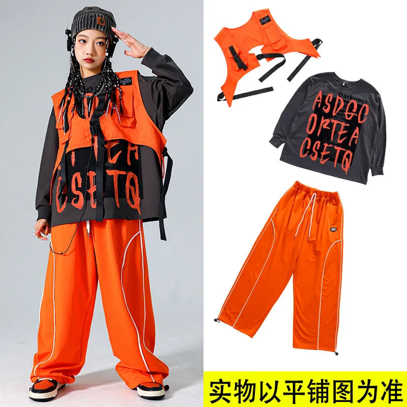 Boys Hip Hop Cool Sweatshirt Vest Cargo Pants Girls Fashion Jazz Street Dance Costume Children Clothes Set Kids K-pop Streetwear