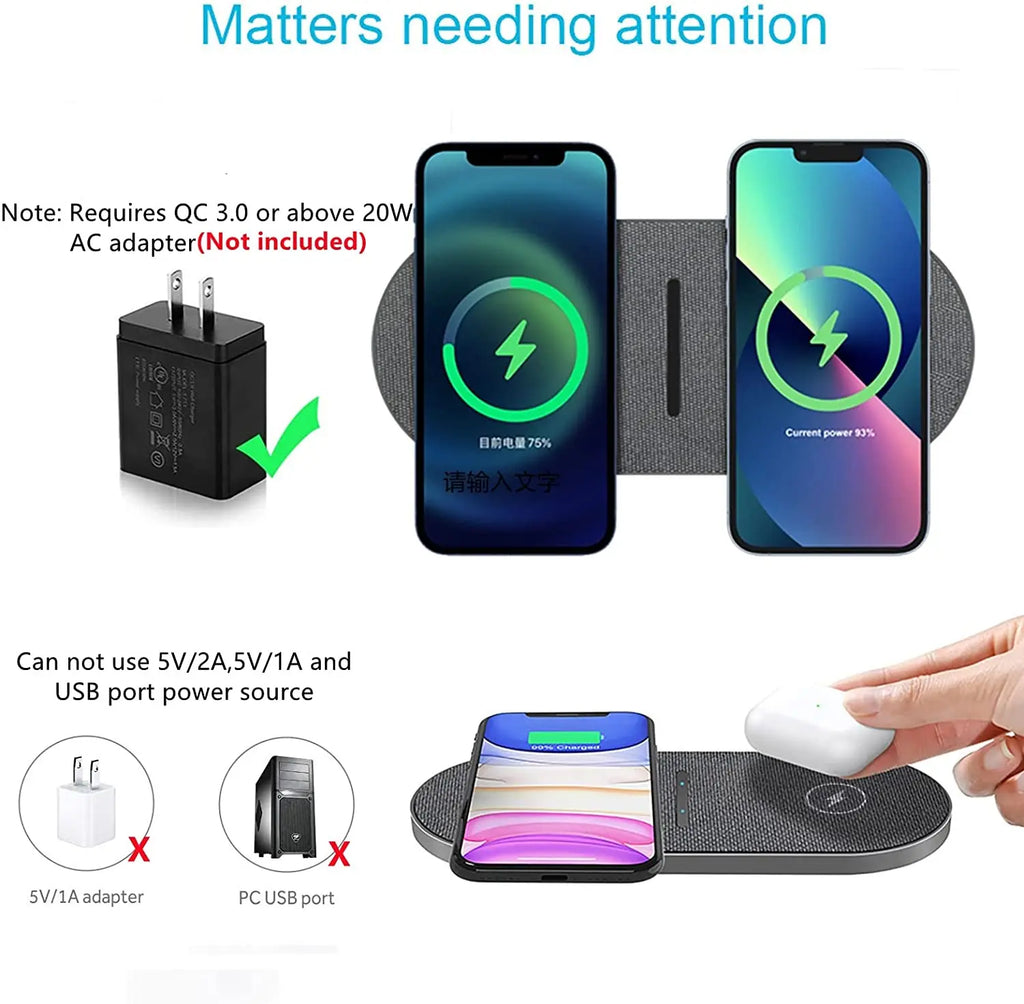40W Fast Dual 2 in 1 Wireless Charger Pad for Airpods 3 Pro iPhone 8 X XS XR 11 12 13 14 15 Samsung S23 S22 Induction Charging
