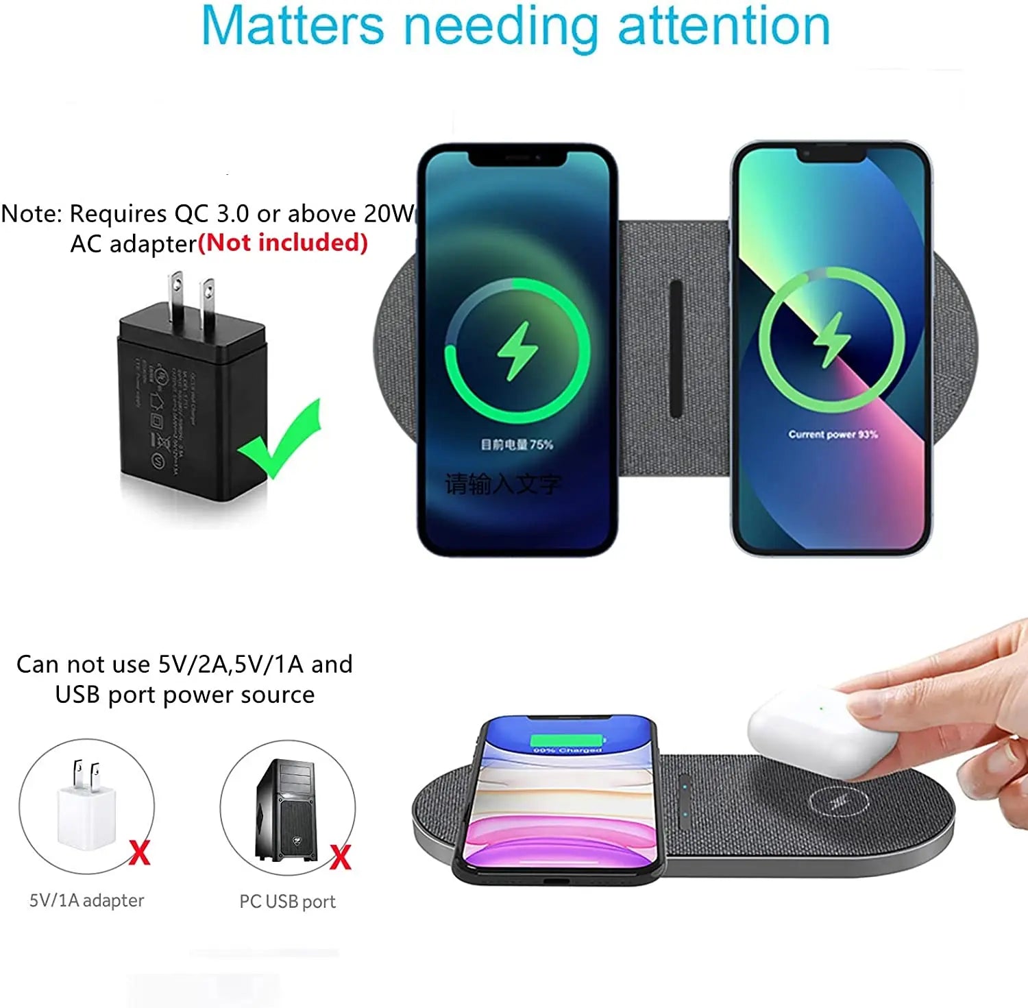 40W Fast Dual 2 in 1 Wireless Charger Pad for Airpods 3 Pro iPhone 8 X XS XR 11 12 13 14 15 Samsung S23 S22 Induction Charging