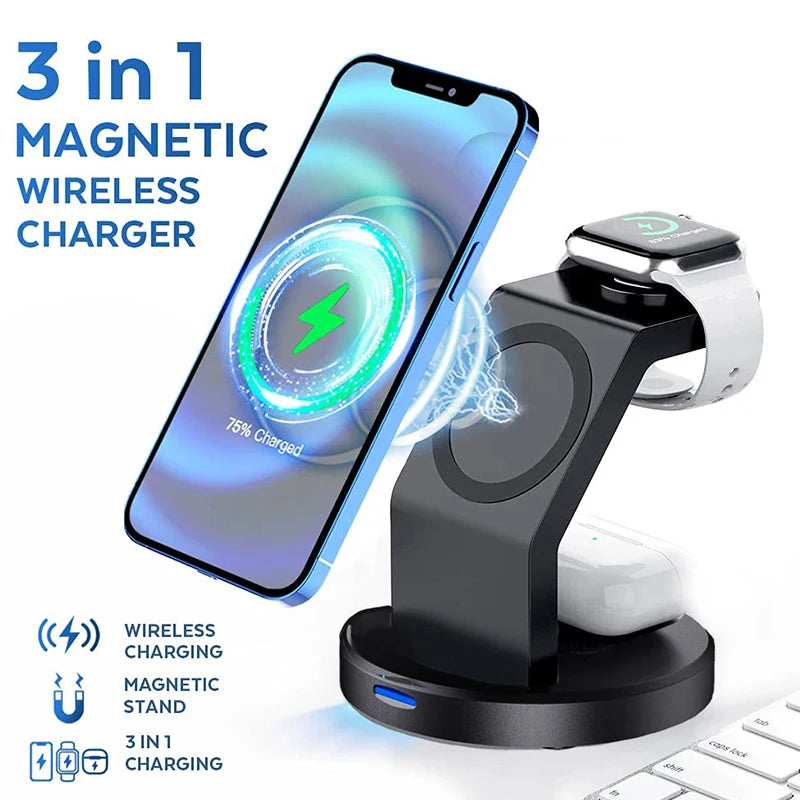 3 In 1 Wireless Charger Stand Mobile phone Holder For iPhone 16 15 14 13 Pro Max iWatch AirPods Fast Charging Station