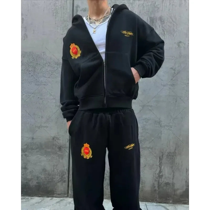 Hoodie Men American Hip Hop Casual Sweatshirt Harajuku Retro Fashion Street Clothing Pants Classic Letter Print Zipper Set