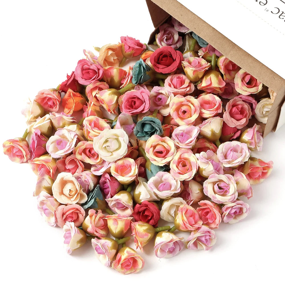 100Pcs Mini Silk Rose Artificial Flowers Head Fake Flowers For Home Decor Wedding Decoration DIY Bride Wreath Gifts Accessories