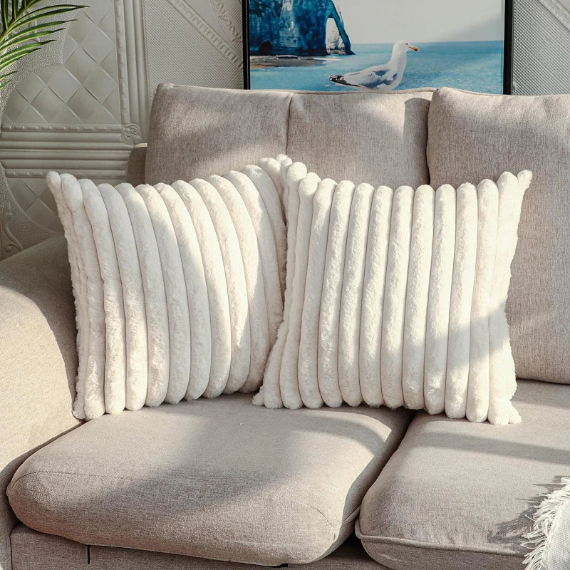 Artificial Rabbit Fur Square Cushion Cover Simple Stripe Super Soft Pillowcase 45x45 Cm Sofa Decorative Cushion Cover