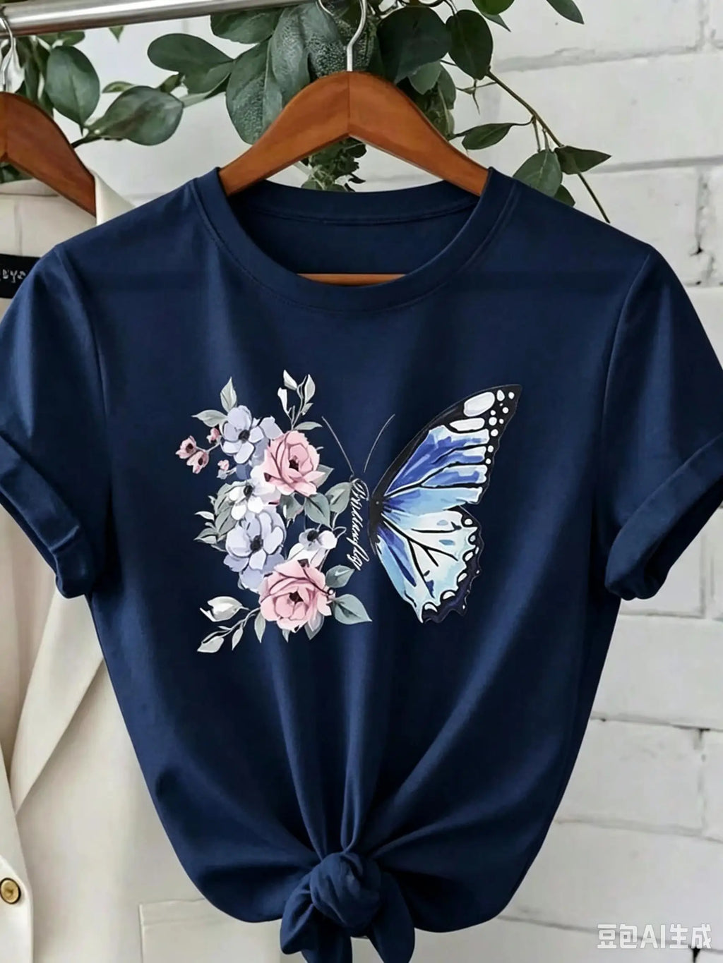 Set--Women's Round Neck Chrysanthemum Floral Print T-Shirt Top