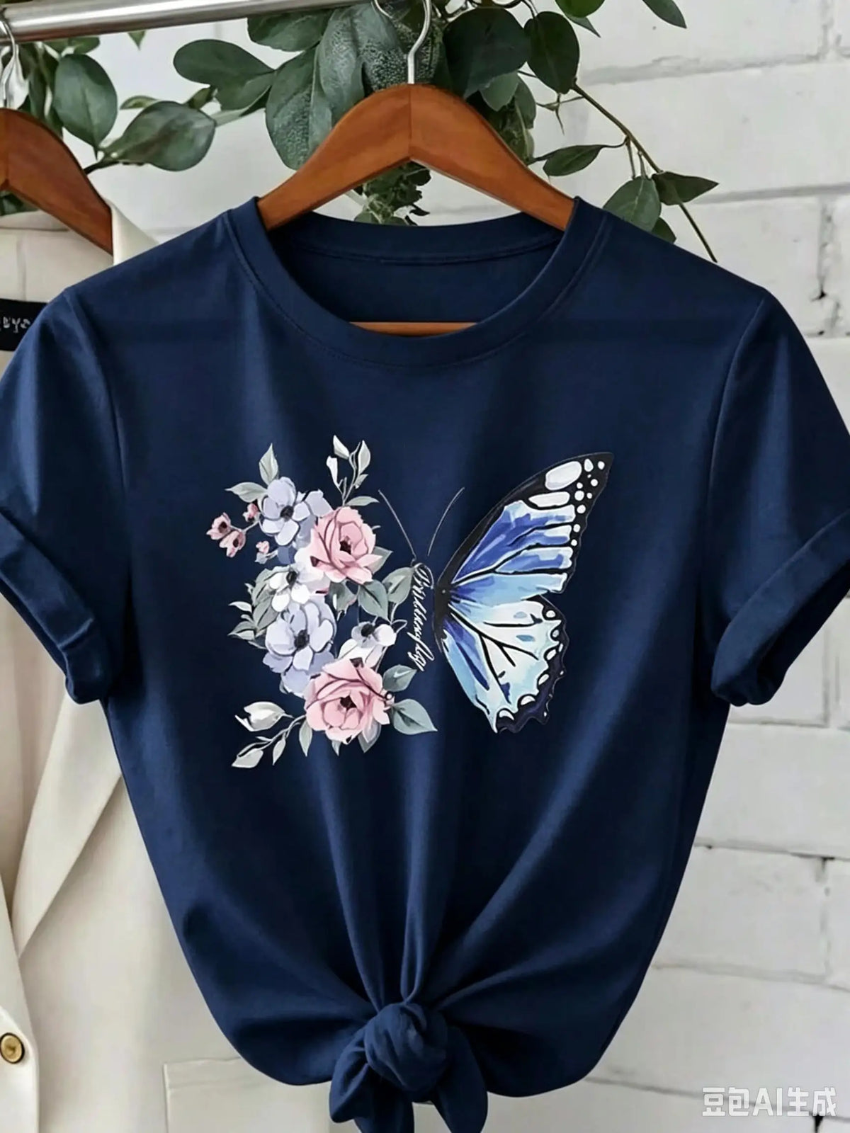 Set--Women's Round Neck Chrysanthemum Floral Print T-Shirt Top