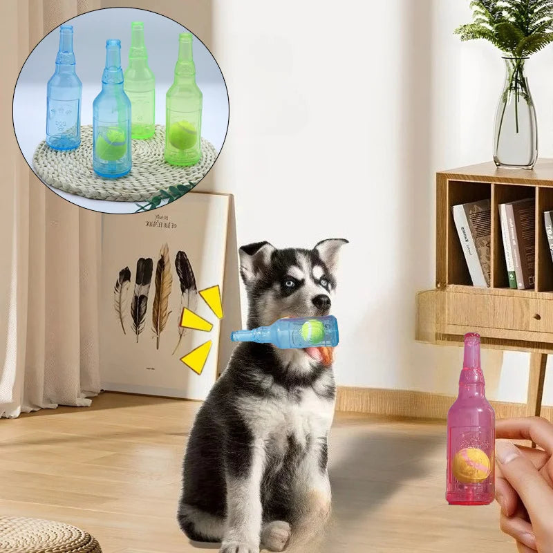 Dog Chew Toy Squeaky Silicone Beer Bottle With Tennis