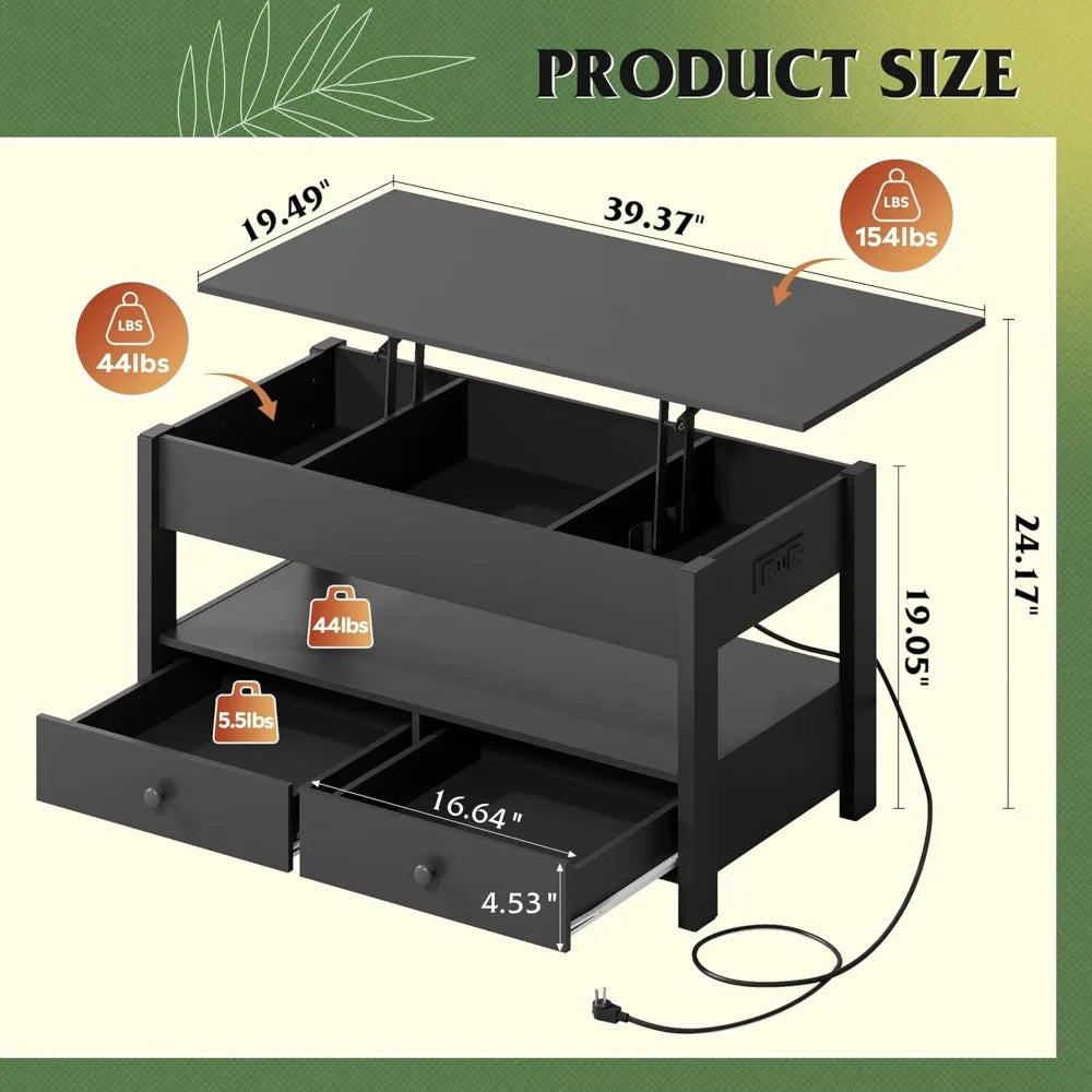 WLIVE Black Lift Top Coffee Table with 2 Drawers
