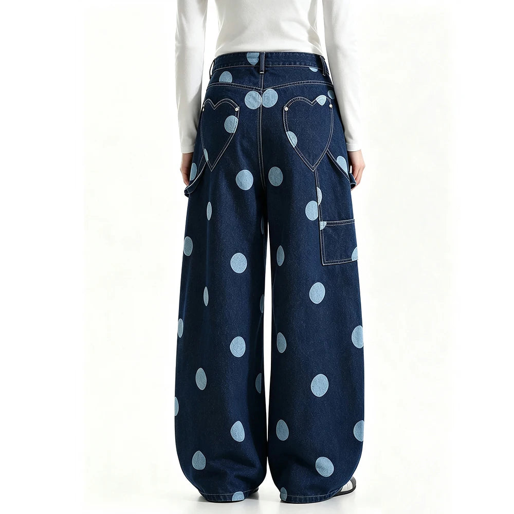 American Vintage Blue Polka Dot Jeans for Women Loose Wide Leg