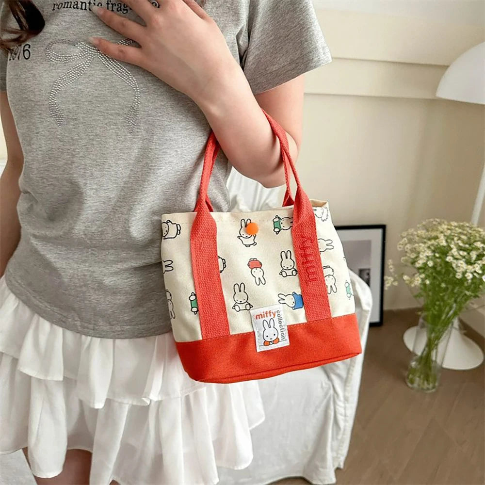 Kawaii Miffy Cute Handbag Cartoon Rabbit Canvas Embroidery Fashion Bento Multifunctional Storage Bag Girl Gift
