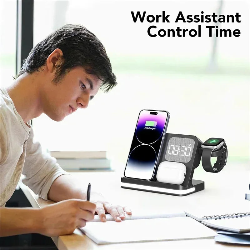 Phone Watch Wireless Charger with LED Light Clock Alarm For iPhone 16/15/14/13/12 Apple Watch 2-10 SE  Airpods Pro Fast Charging