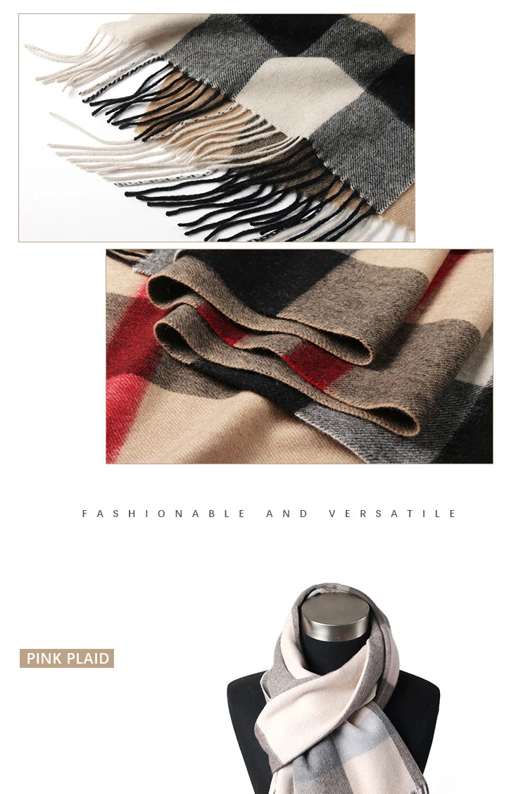 LONGMING 100% Merino Wool Knitted Shawl New Women Autumn Fashion Classic Plaid Solid Scarf Winter Warm Knottable Muffler for Man