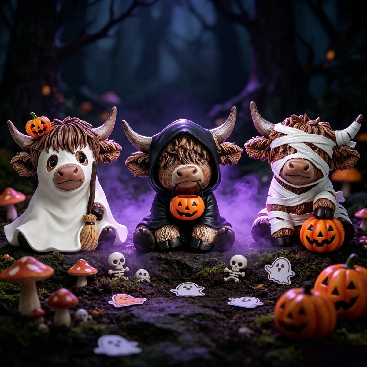 3 Halloween Highland Cow Statues, Cute Ghost Decorations, Hooded and Mummy Cow Statues with Pumpkin Decorations, for Layered Trays, Shelves, Tabletops, and Fireplace Decorations