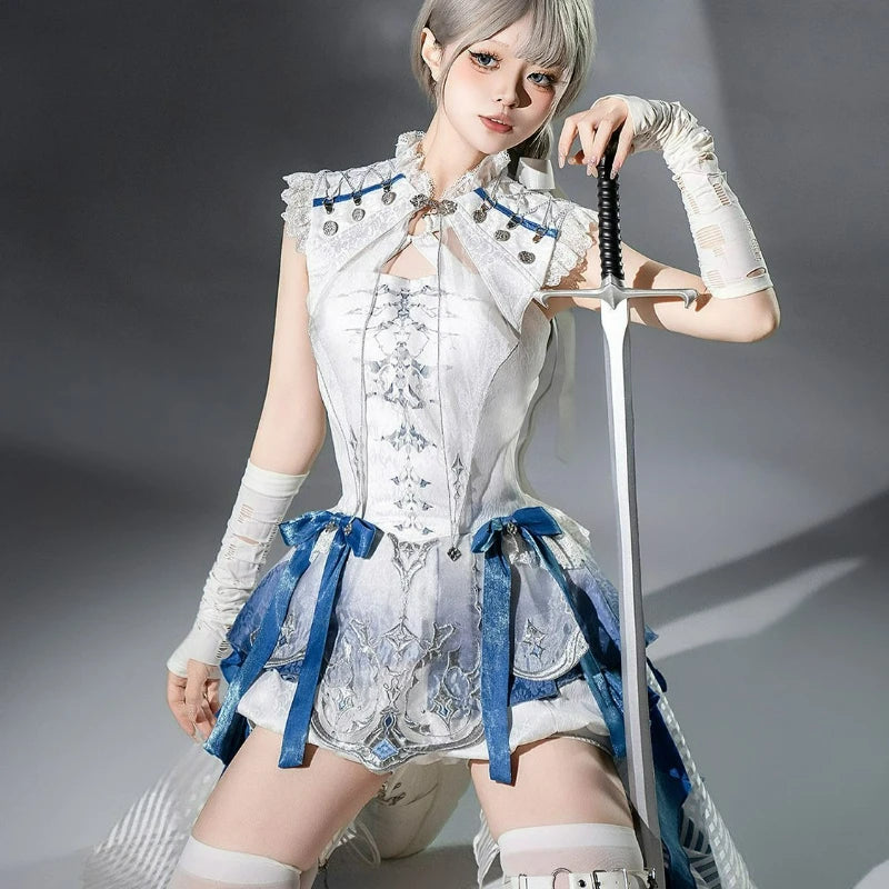Japanese Gothic Y2K 2 Piece Sets Women Sweet Short White Shawl