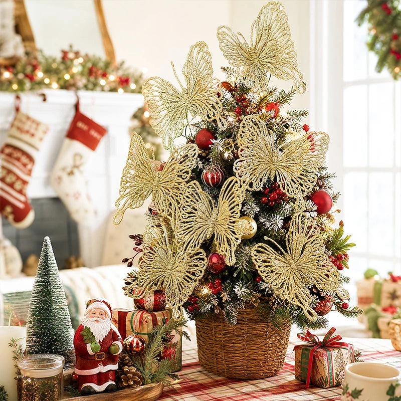 8/16Pcs Christmas Decoration Butterfly Ornaments Glitter Xmas Tree Pendant Navidad Home New Year 2026 Decor Wreath Supplies