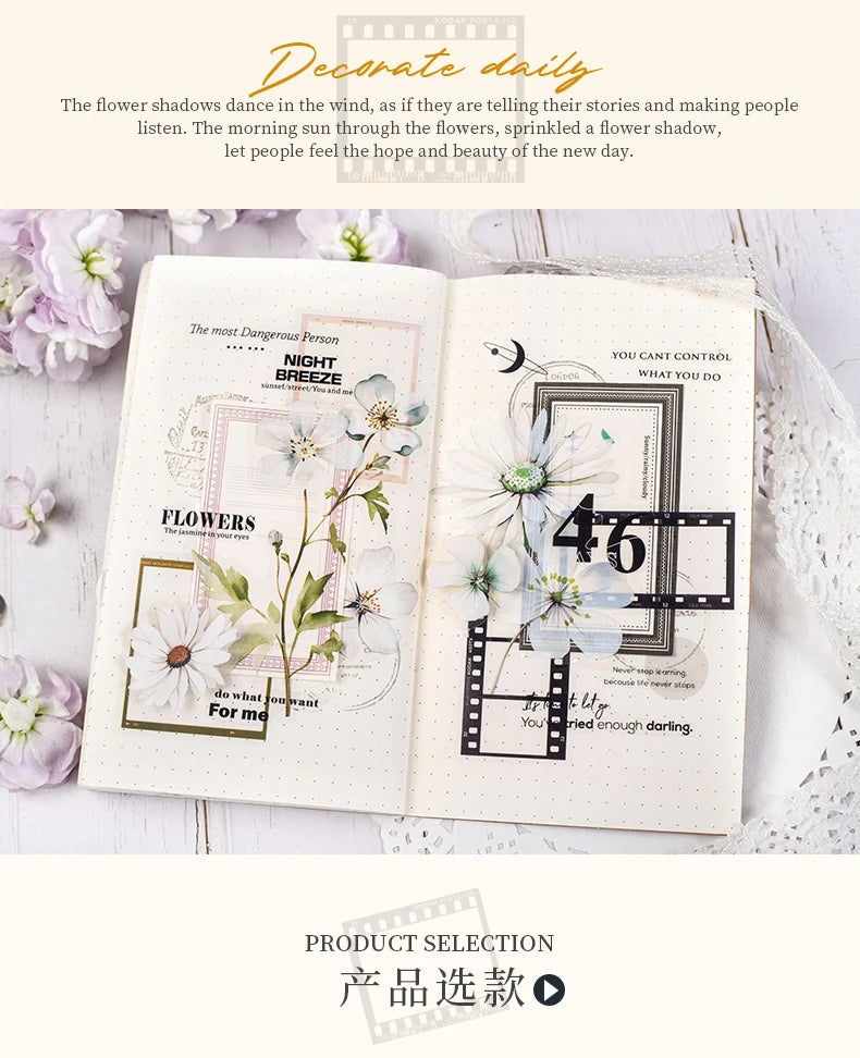 30 pcs film and Flowers Plant Stickers pack Creativity PET Decorative Sticker for DIY Diary Scrapbooking Junk Journal Supplies
