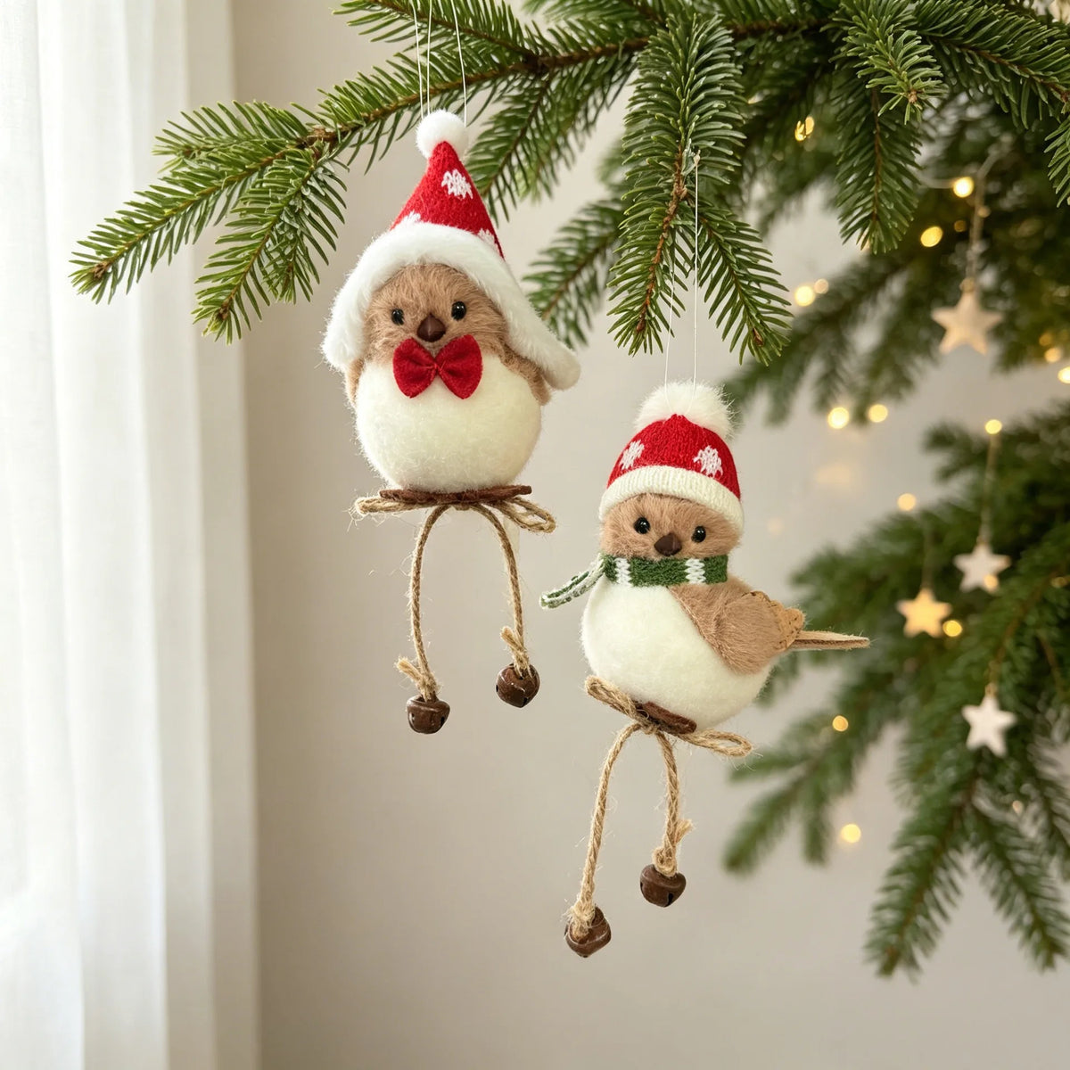 1pc Christmas Tree Hanging Ornament Cute Plush Bird with Santa Hat